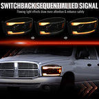 2006-2008 Dodge RAM 1500 / 2006-2009 RAM 2500 3500 Projector Headlights with Switchback Amber LED Strips, Sequential Turn Signals, DRL & Startup Animation (Black Housing / Smoked Lens)