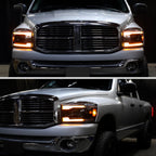 2006-2008 Dodge RAM 1500 / 2006-2009 RAM 2500 3500 Projector Headlights with Switchback Amber LED Strips, Sequential Turn Signals, DRL & Startup Animation (Black Housing / Smoked Lens)