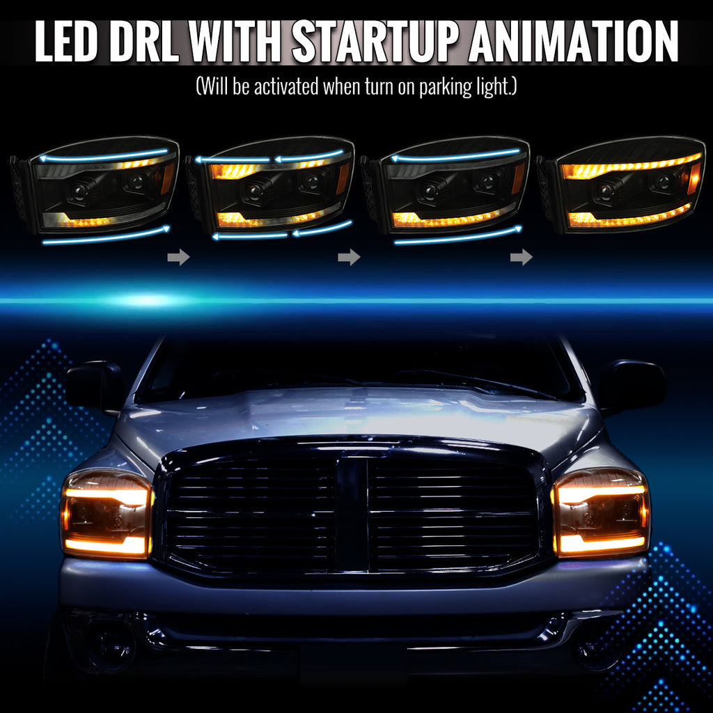 2006-2008 Dodge RAM 1500 / 2006-2009 RAM 2500 3500 Projector Headlights with Switchback Amber LED Strips, Sequential Turn Signals, DRL & Startup Animation (Black Housing / Smoked Lens)