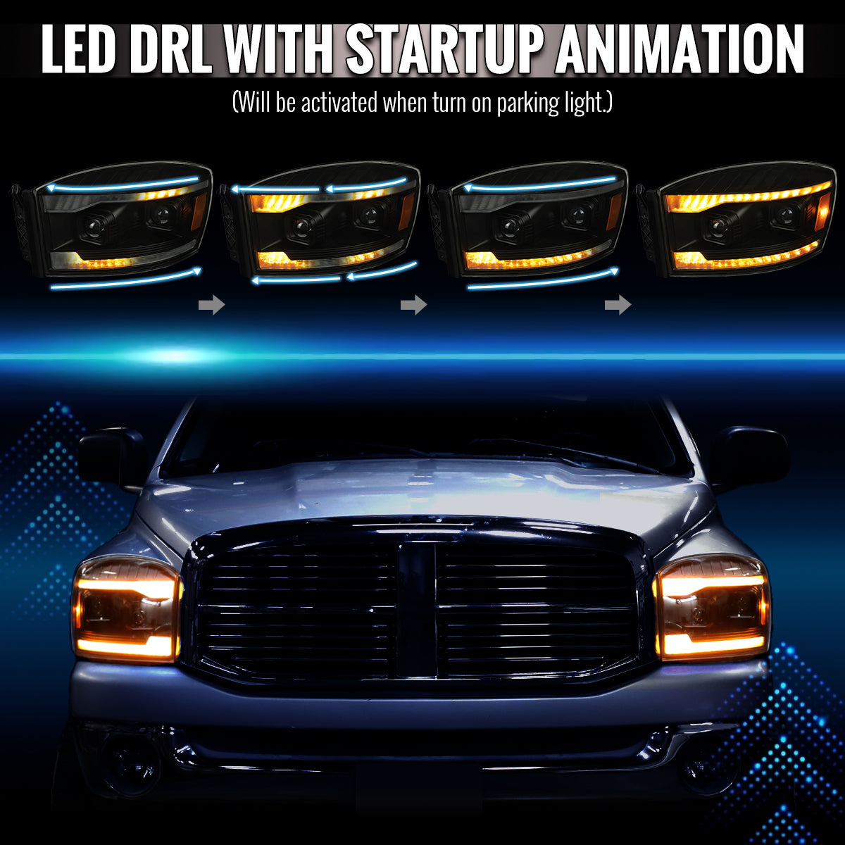 2006-2008 Dodge RAM 1500 / 2006-2009 RAM 2500 3500 Projector Headlights with Switchback Amber LED Strips, Sequential Turn Signals, DRL & Startup Animation (Black Housing / Smoked Lens)