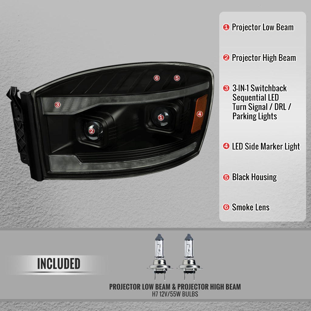 2006-2008 Dodge RAM 1500 / 2006-2009 RAM 2500 3500 Projector Headlights with Switchback Amber LED Strips, Sequential Turn Signals, DRL & Startup Animation (Black Housing / Smoked Lens)