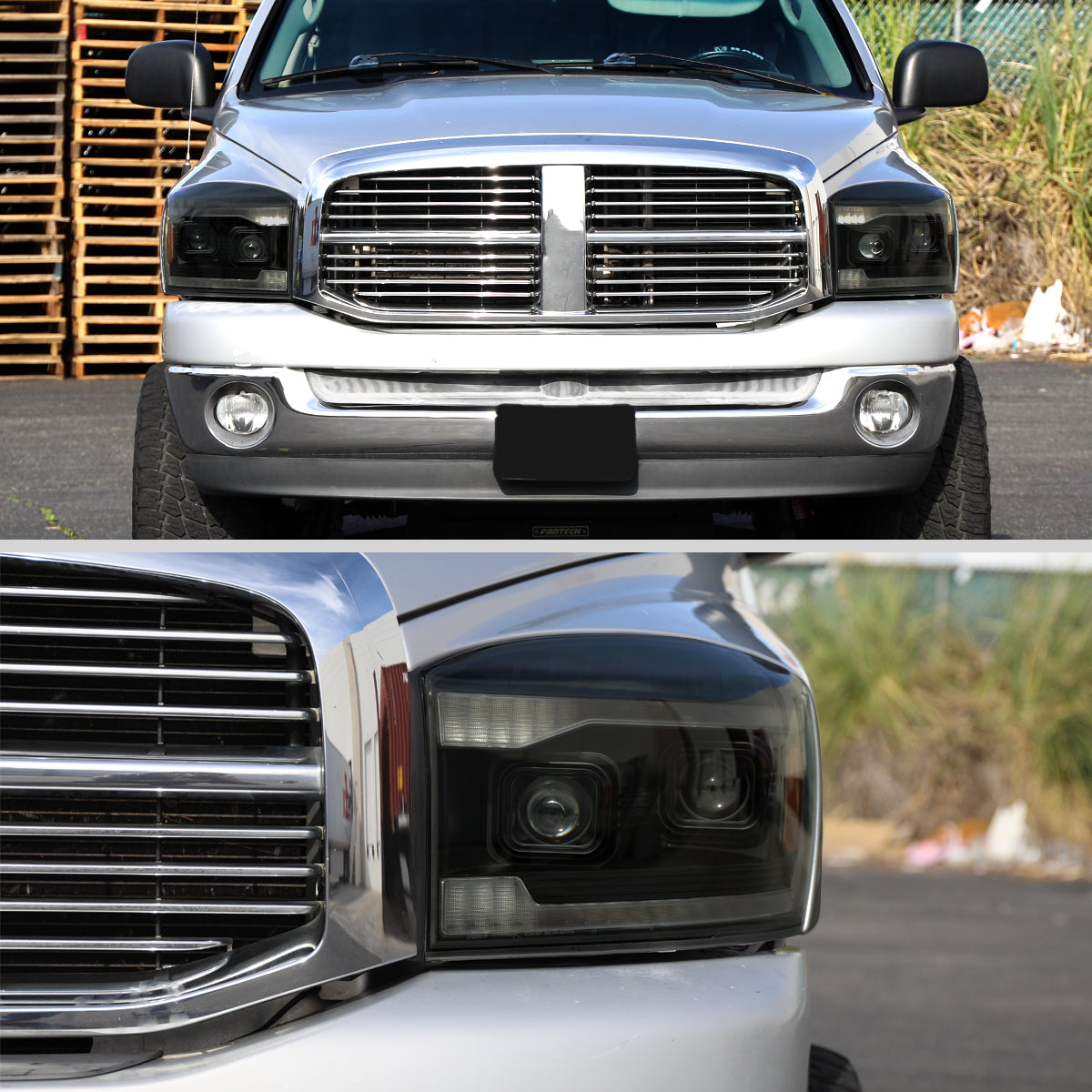 2006-2008 Dodge RAM 1500 / 2006-2009 RAM 2500 3500 Projector Headlights with Switchback Amber LED Strips, Sequential Turn Signals, DRL & Startup Animation (Black Housing / Smoked Lens)