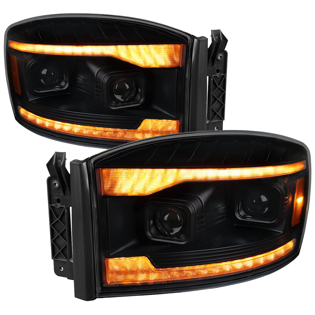 2006-2008 Dodge RAM 1500 / 2006-2009 RAM 2500 3500 Projector Headlights with Switchback Amber LED Strips, Sequential Turn Signals, DRL & Startup Animation (Black Housing / Smoked Lens)