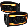 2006-2008 Dodge RAM 1500 / 2006-2009 RAM 2500 3500 Projector Headlights with Switchback Amber LED Strips, Sequential Turn Signals, DRL & Startup Animation (Black Housing / Smoked Lens)