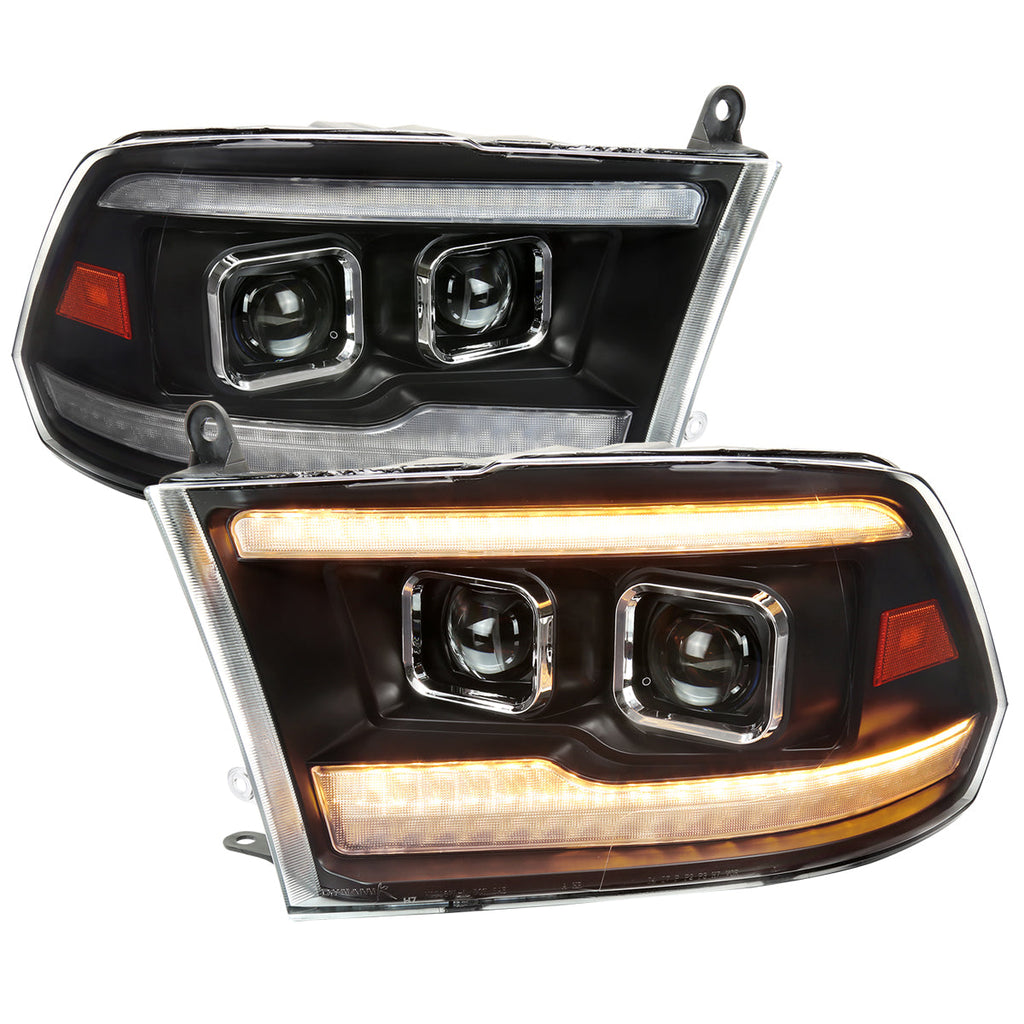 2009-2018 Dodge RAM 1500  / 2019-2021 RAM Classic / 2010-2018 RAM 2500 3500 Projector Headlights w/ Amber LED Sequential Turn Signal (Matte Black Housing/Clear Lens)
