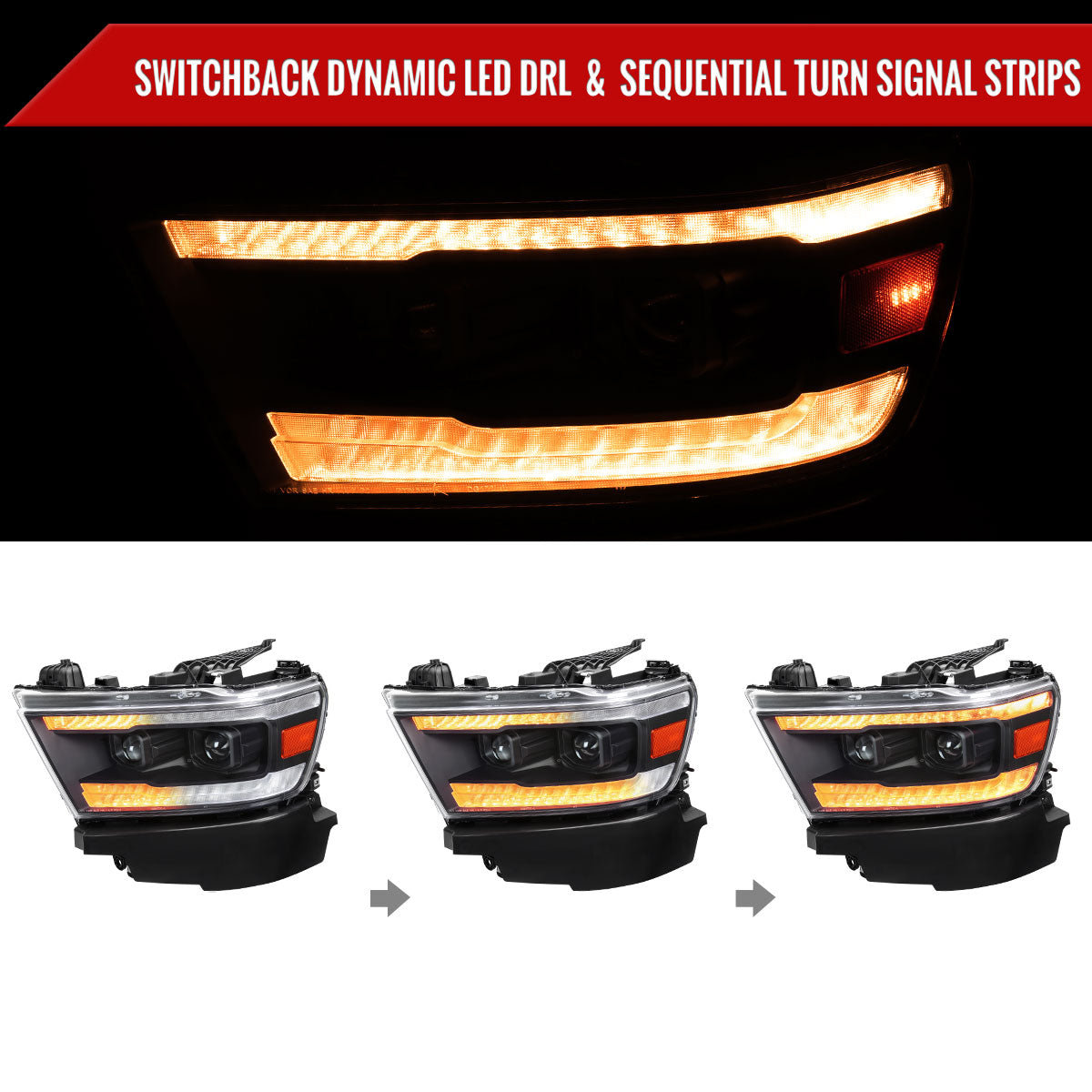 2019??‚??2024 Dodge RAM 1500 Projector Headlights w/ Amber LED Sequential Turn Signals & Startup Animation (Matte Black Housing / Clear Lens)