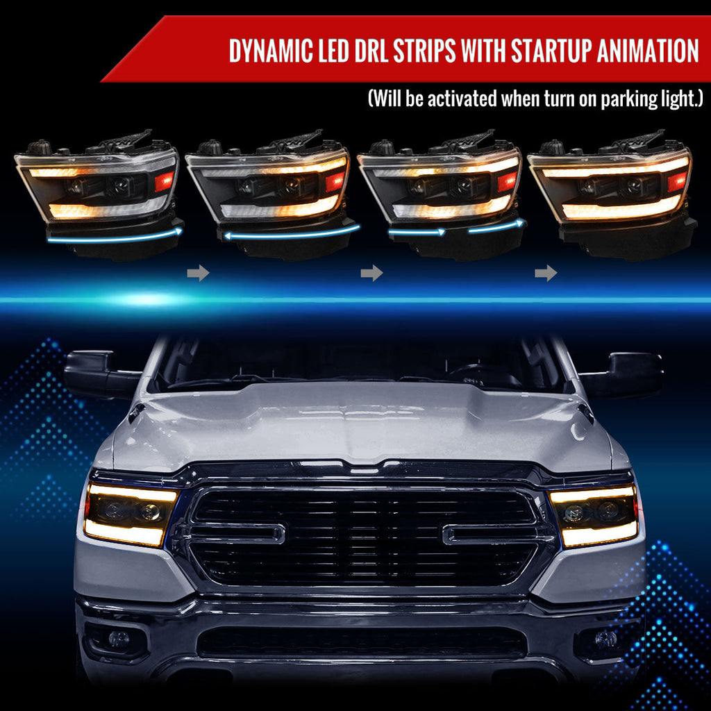 2019??‚??2024 Dodge RAM 1500 Projector Headlights w/ Amber LED Sequential Turn Signals & Startup Animation (Matte Black Housing / Clear Lens)