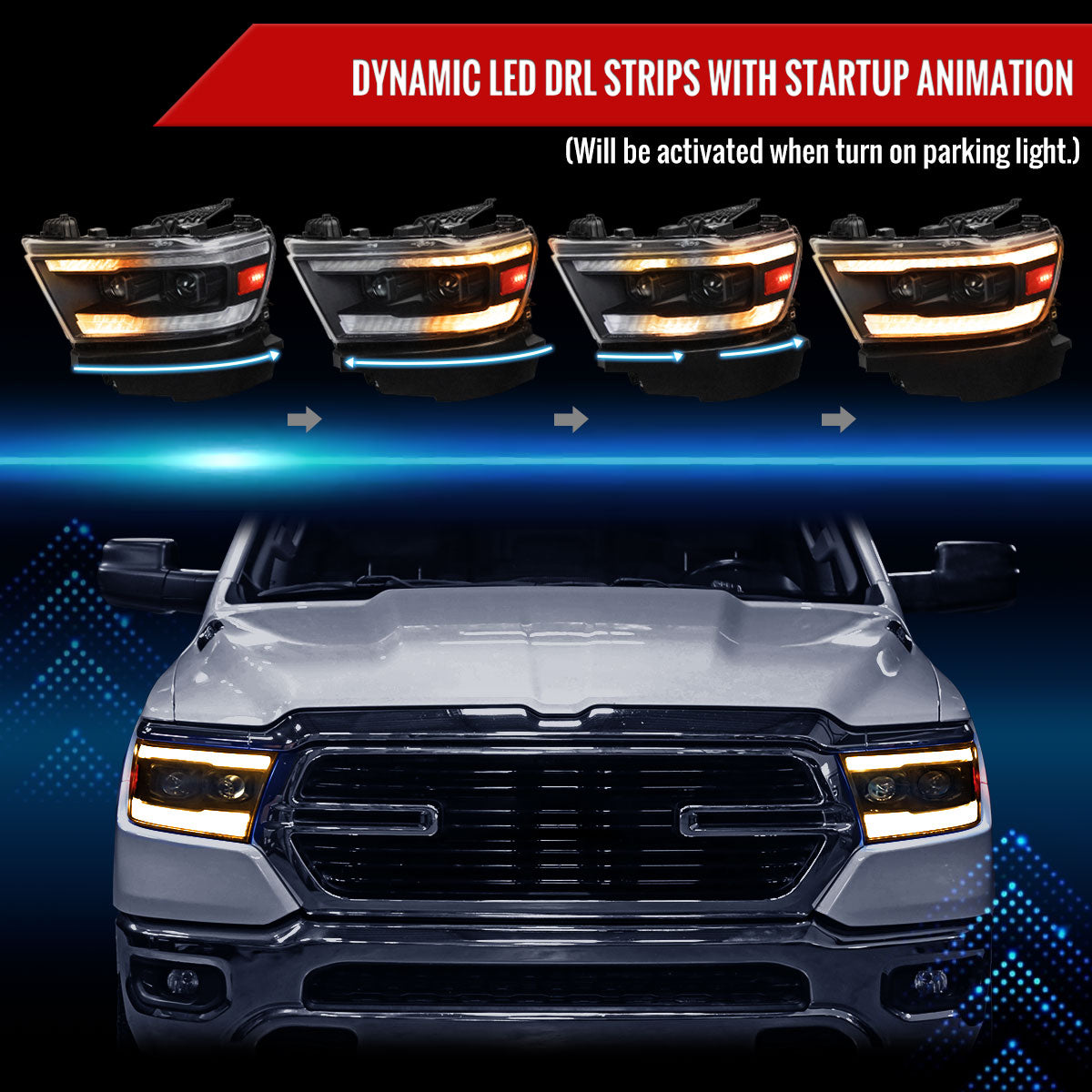 2019??‚??2024 Dodge RAM 1500 Projector Headlights w/ Amber LED Sequential Turn Signals & Startup Animation (Matte Black Housing / Clear Lens)