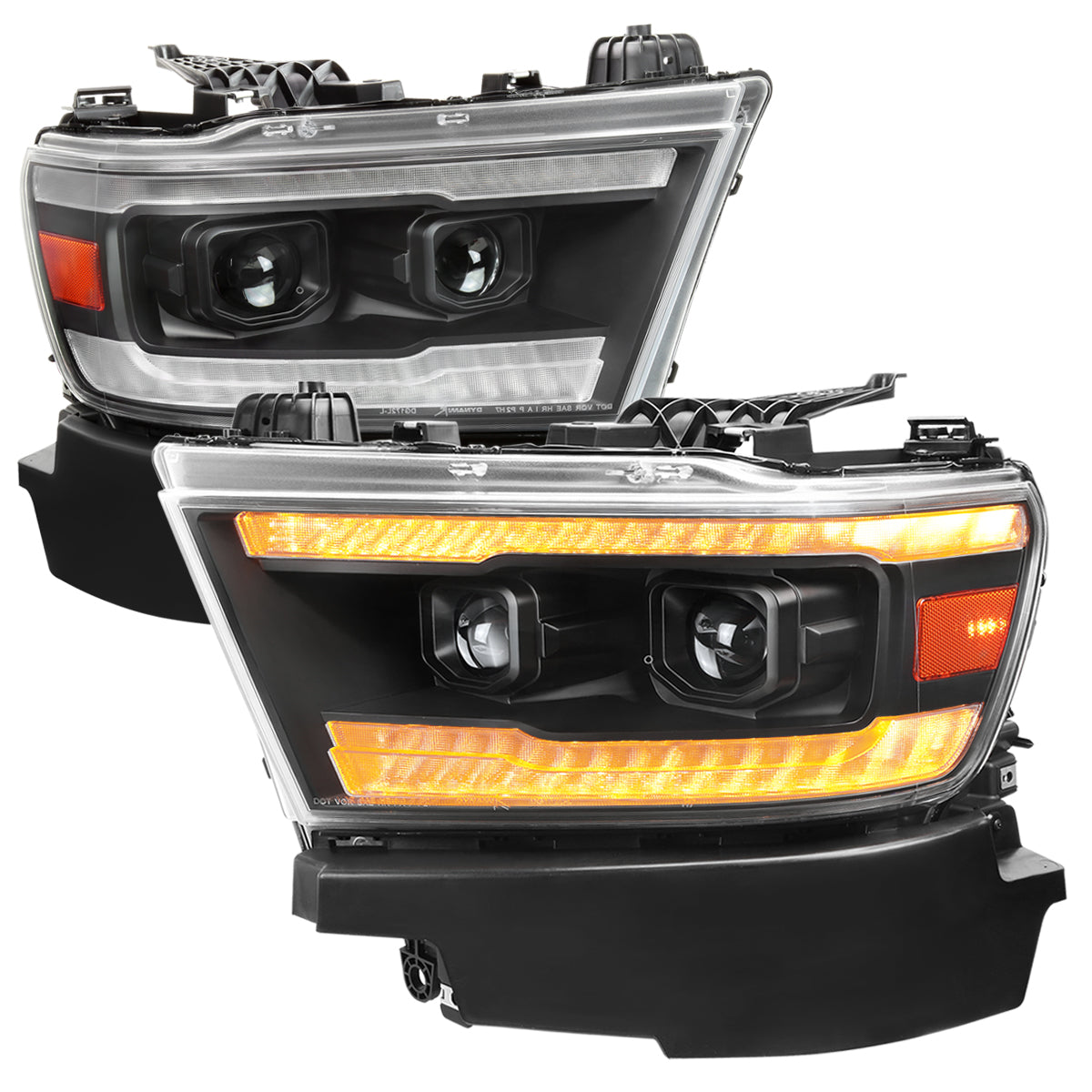 2019??‚??2024 Dodge RAM 1500 Projector Headlights w/ Amber LED Sequential Turn Signals & Startup Animation (Matte Black Housing / Clear Lens)