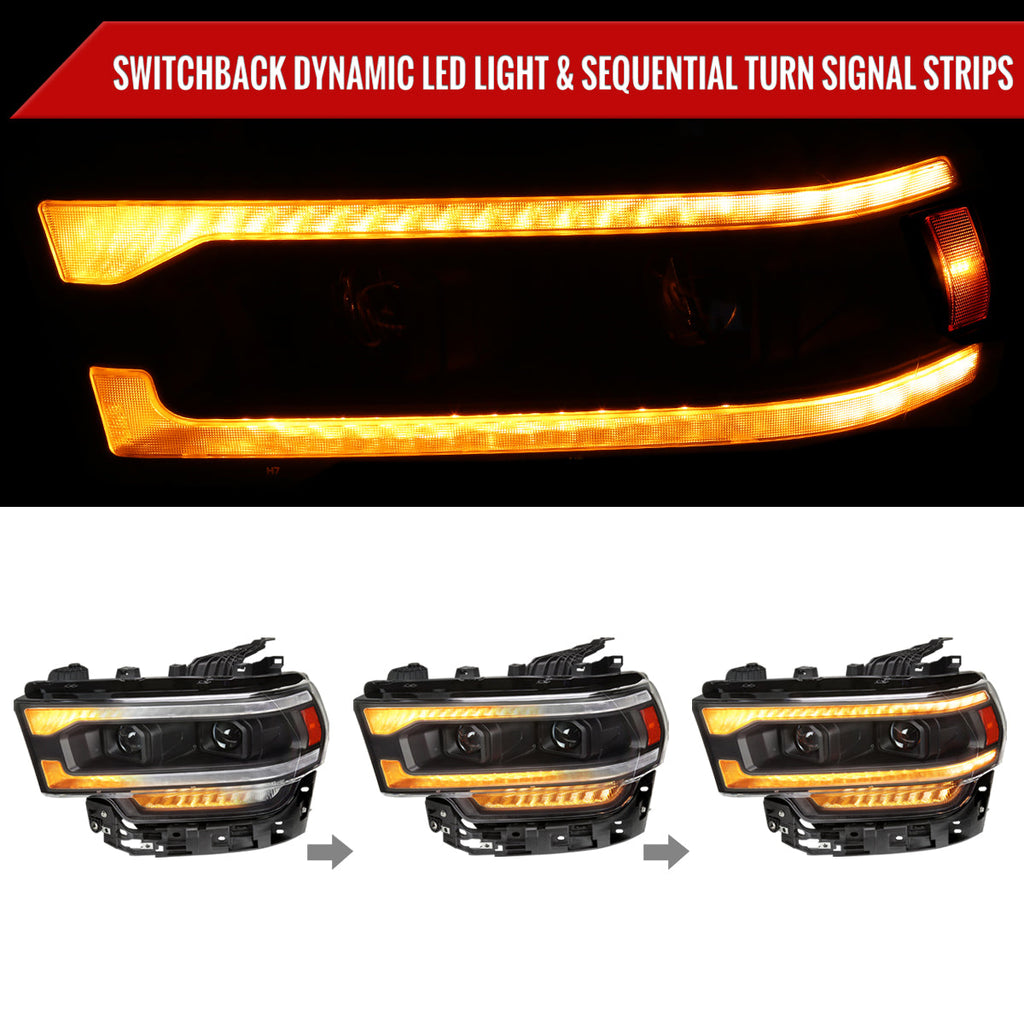 2019-2024 Dodge RAM 2500/3500/4500/5500 Projector Headlights w/ Amber LED Sequential Turn Signal & Starup Animation (Matte Black Housing/Clear Lens)