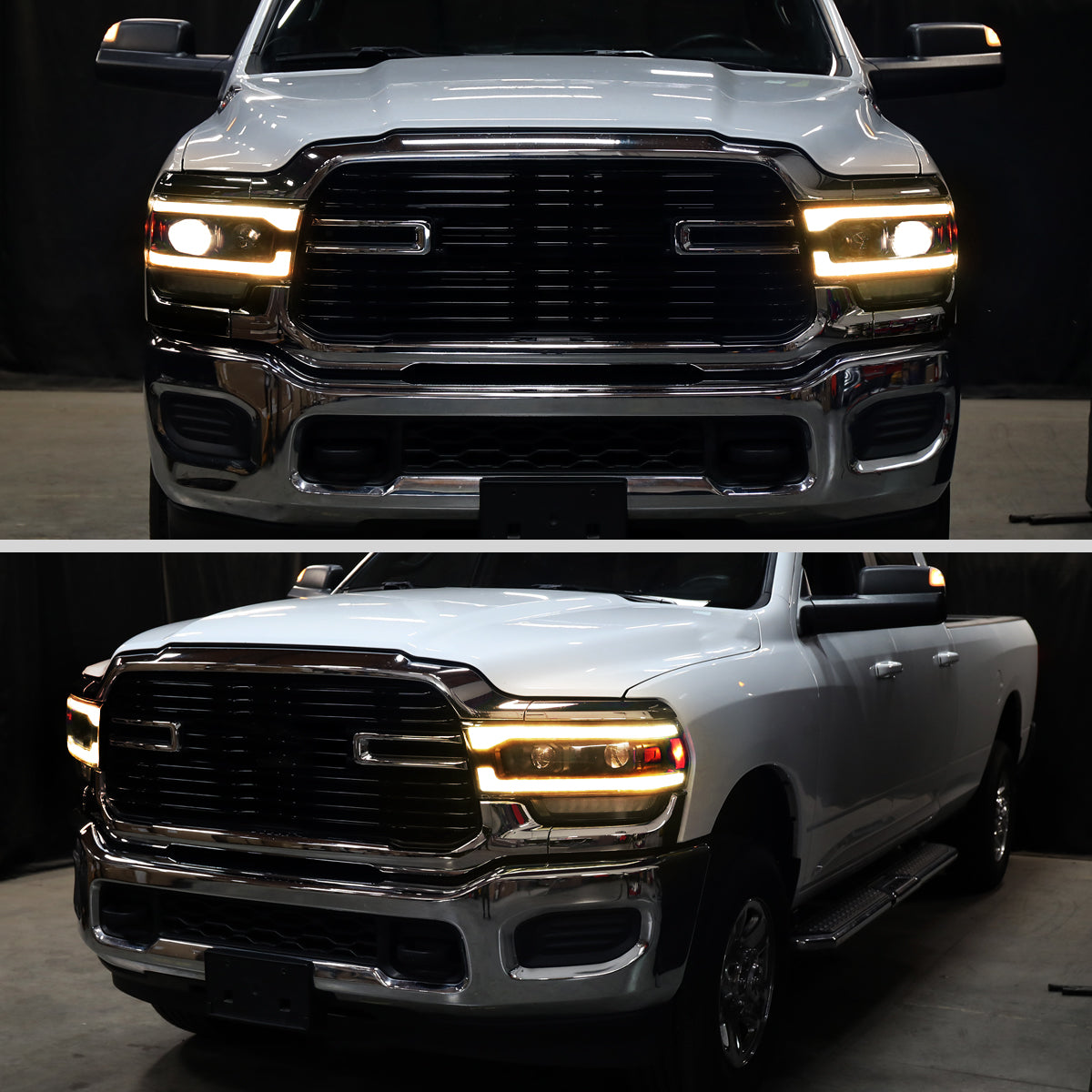 2019-2024 Dodge RAM 2500/3500/4500/5500 Projector Headlights w/ Amber LED Sequential Turn Signal & Starup Animation (Matte Black Housing/Clear Lens)