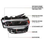 2019-2024 Dodge RAM 2500/3500/4500/5500 Projector Headlights w/ Amber LED Sequential Turn Signal & Starup Animation (Matte Black Housing/Clear Lens)