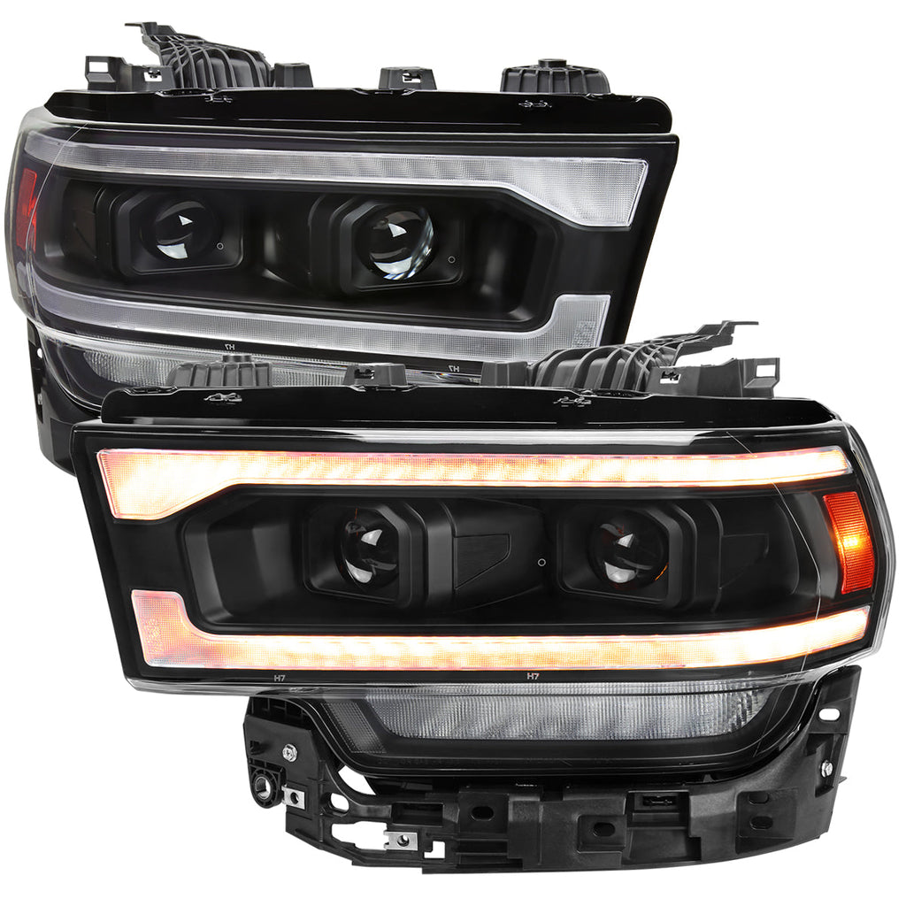 2019-2024 Dodge RAM 2500/3500/4500/5500 Projector Headlights w/ Amber LED Sequential Turn Signal & Starup Animation (Matte Black Housing/Clear Lens)