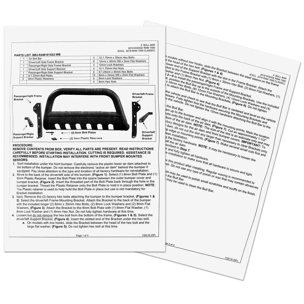 2019-2021 Dodge RAM 1500 3" Chrome Stainless Steel Bull Bar