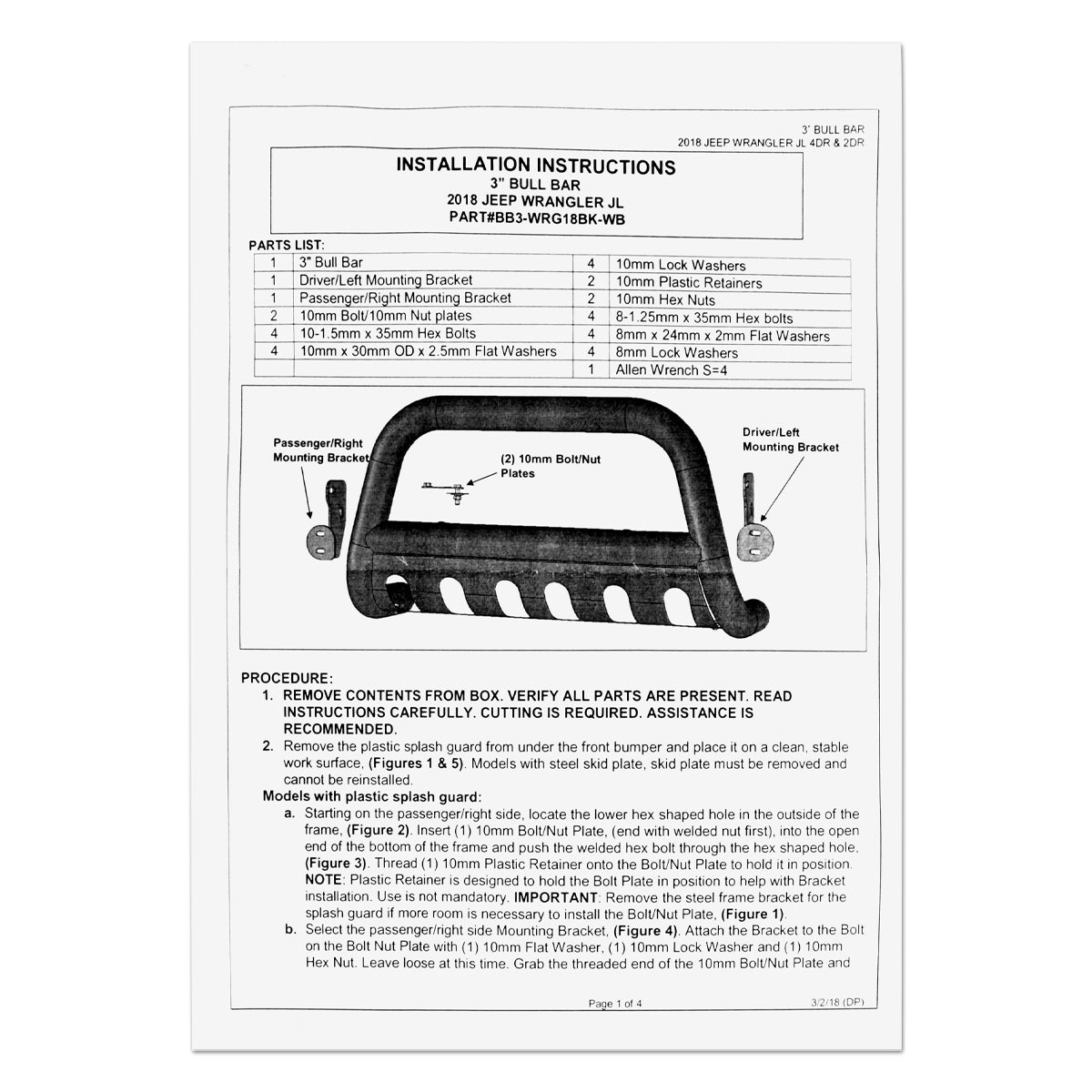 2018-2024 Jeep Wrangler JL / Gladiator 3" Black Stainless Steel Bull Bar