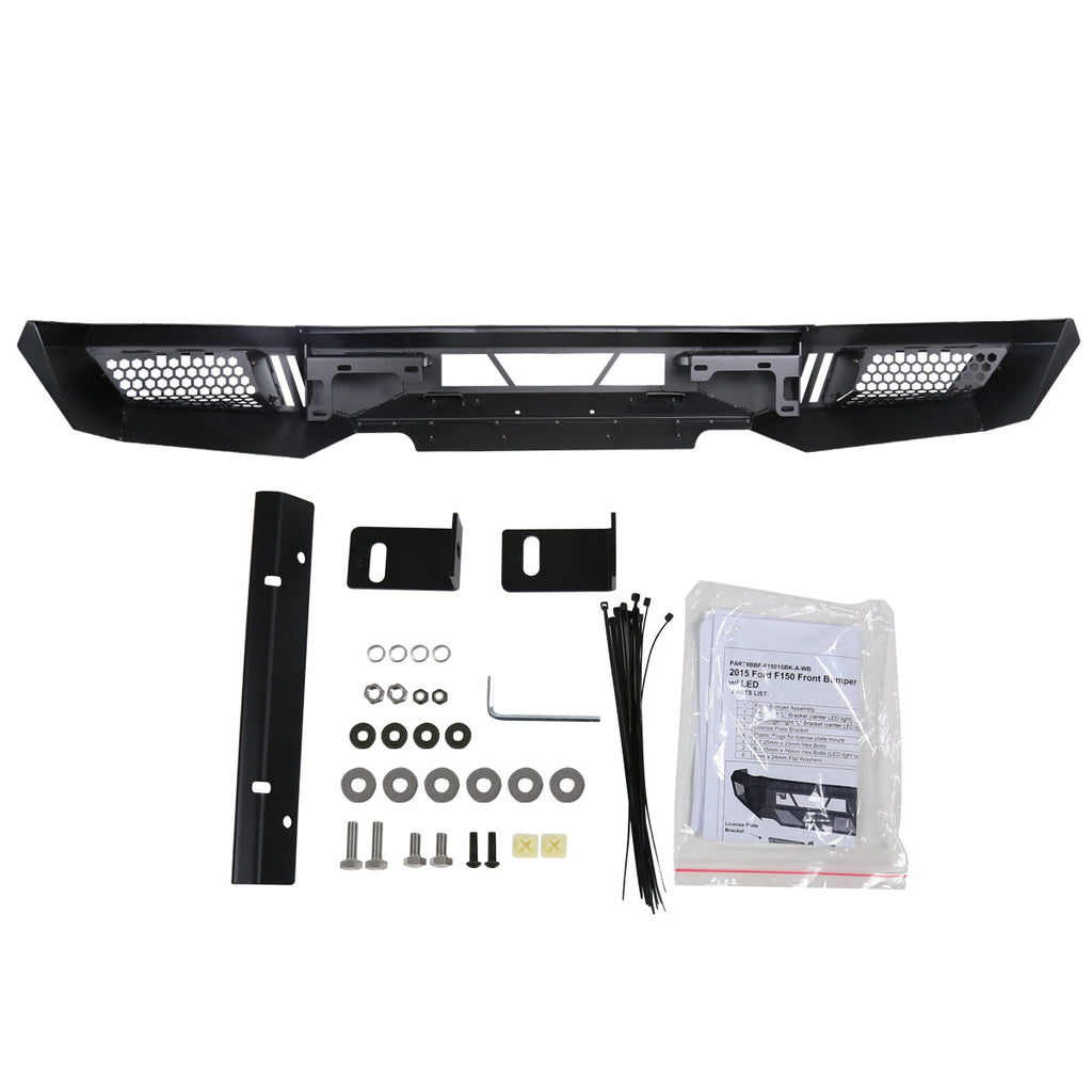 2015-2017 Ford F-150 Black Heavy Duty Steel Front Bumper w/ LED Light Ports