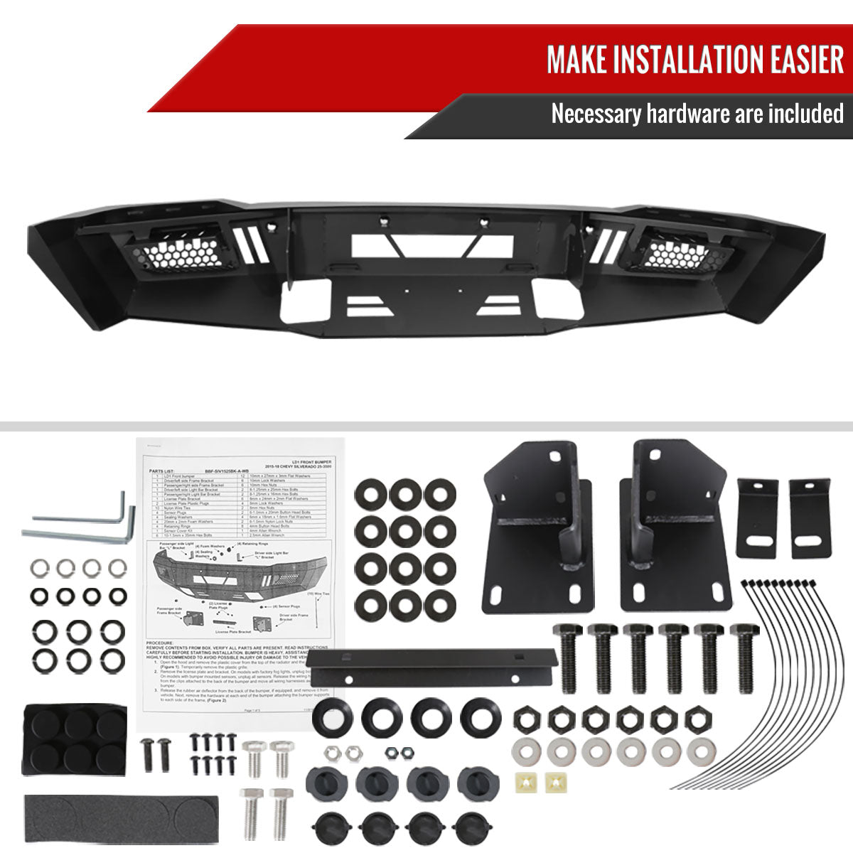 2015-2019 Chevrolet Silverado 2500/3500 Black Heavy Duty Steel Front Bumper w/ LED Light Ports