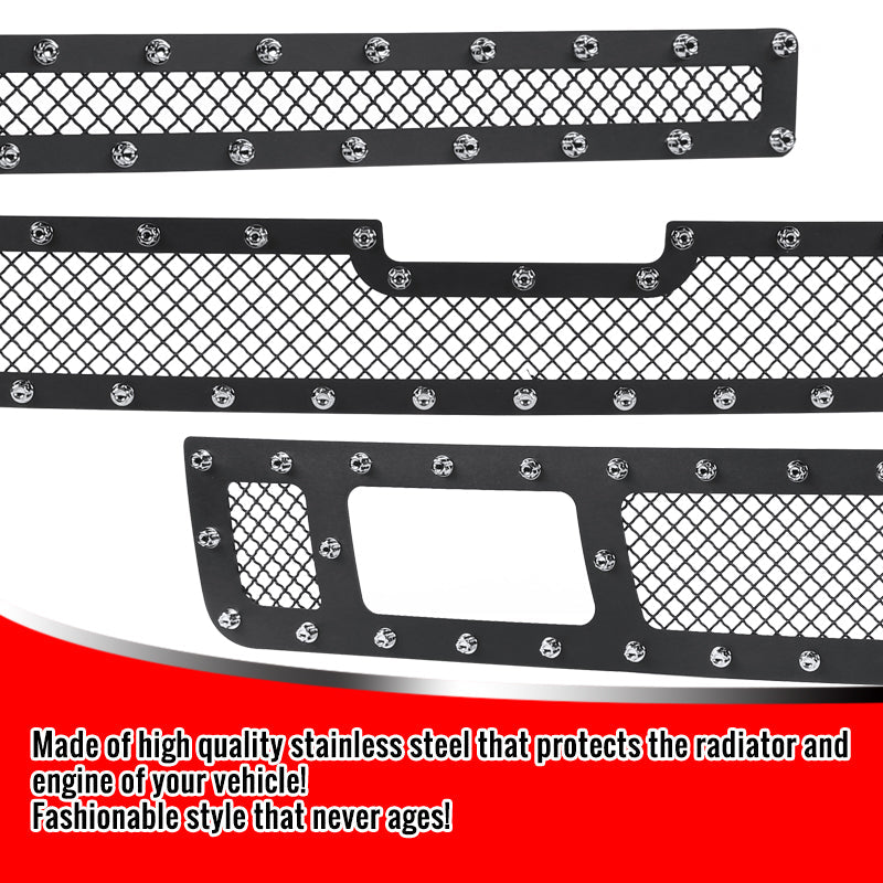 2007-2013 Chevrolet Silverado 1500/1500HD Rivet Style Black Stainless Steel 3PC Mesh Grille insert