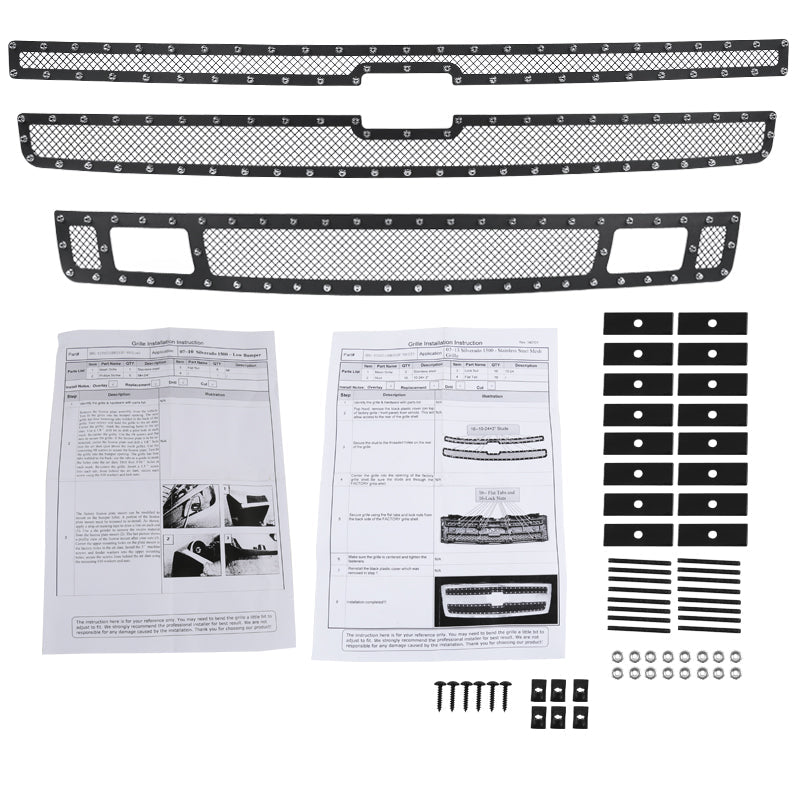 2007-2013 Chevrolet Silverado 1500/1500HD Rivet Style Black Stainless Steel 3PC Mesh Grille insert