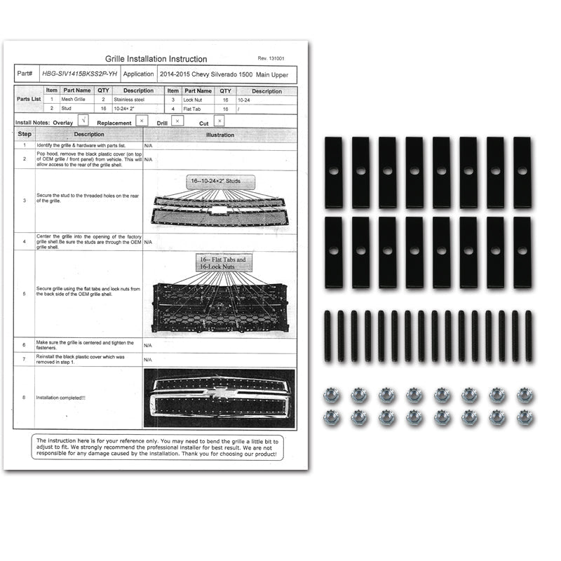 2014-2015 Chevrolet Silerado 1500 Rivet Style Black Stainless Steel 2PC Mesh Grille Insert