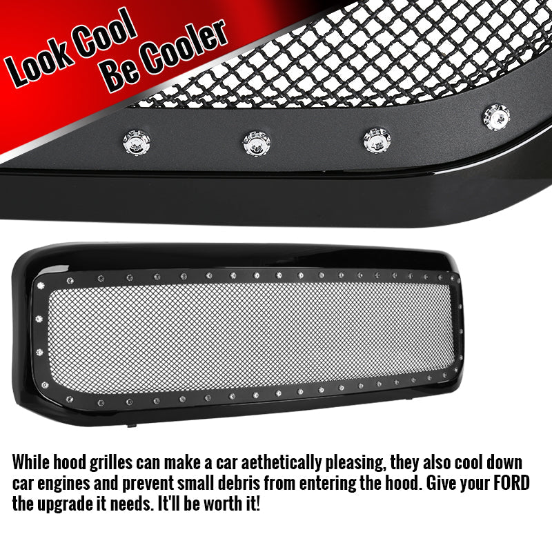 1999-2004 Ford F-250/F-350/Excursion Black ABS Rivet Style Grille w/ Stainless Steel Mesh