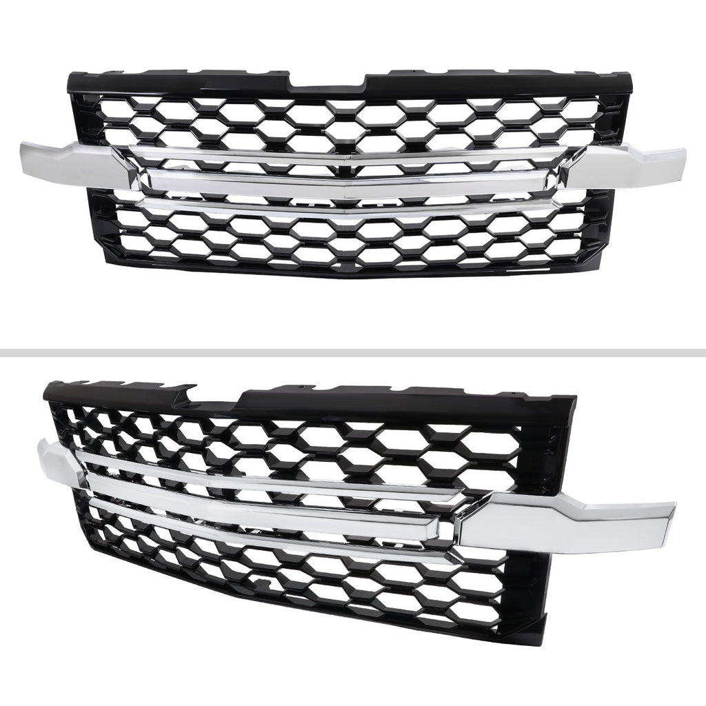 2019-2022 Chevrolet Silverado 1500 WT Glossy Black Honeycomb Hood Grille w/ Chrome Trim