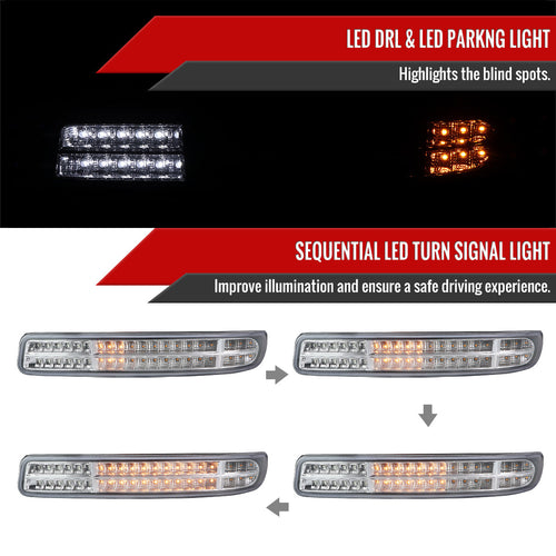 1999-2007 GMC Sierra/Yukon/Yukon XL Bumper Lights w/ Sequential Turn Signal Lights (Chrome Housing/Clear Lens)