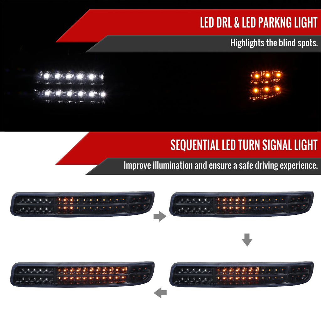 1999-2007 GMC Sierra/Yukon/Yukon XL Bumper Lights w/ Sequential Turn Signal Lights (Glossy Black Housing/Smoked Lens)