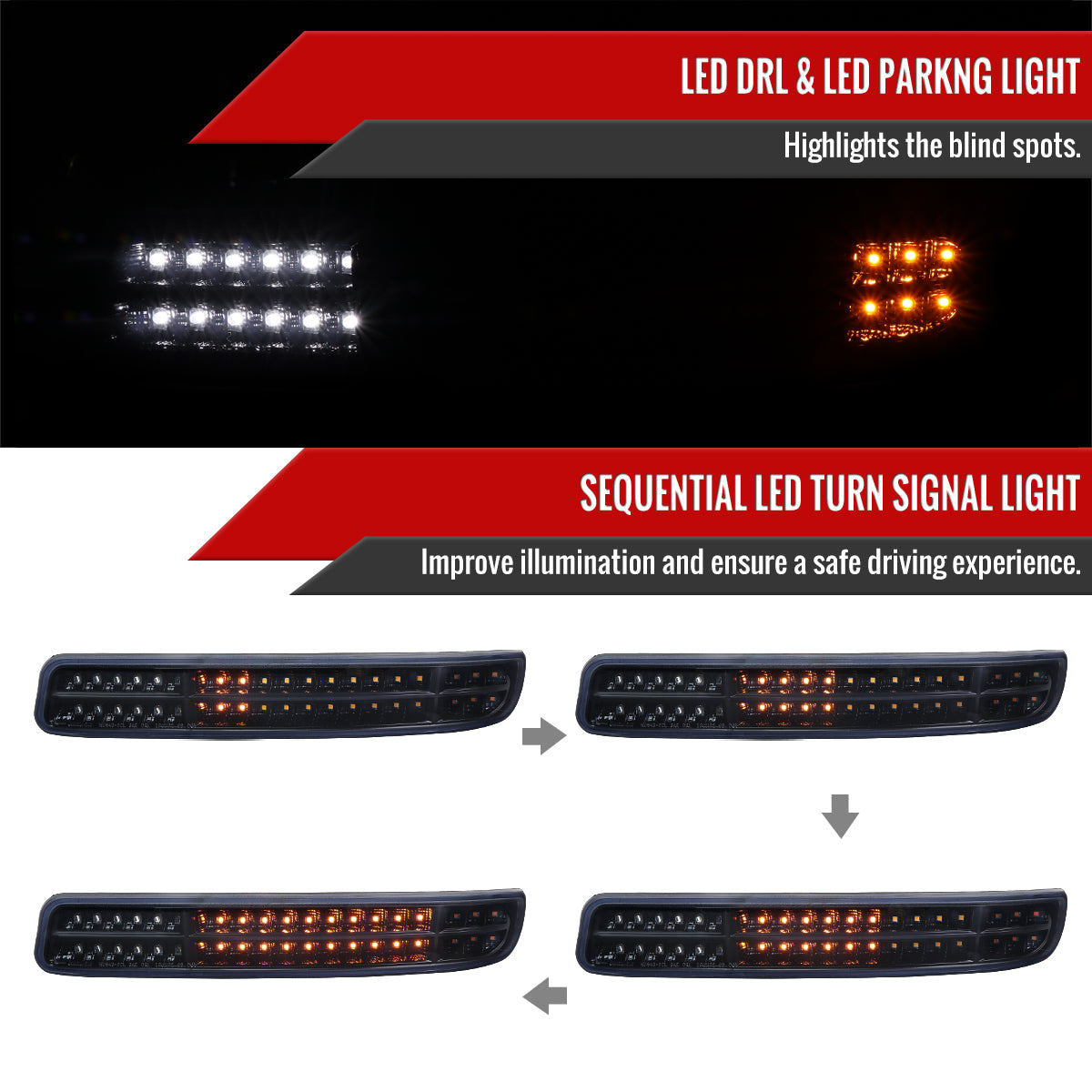 1999-2007 GMC Sierra/Yukon/Yukon XL Bumper Lights w/ Sequential Turn Signal Lights (Glossy Black Housing/Smoked Lens)