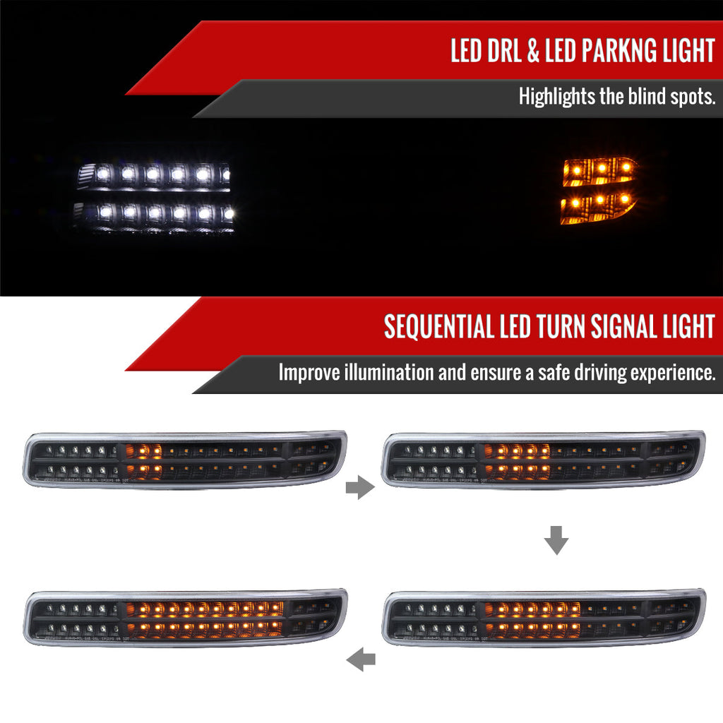1999-2007 GMC Sierra/Yukon/Yukon XL Bumper Lights w/ Sequential Turn Signal Lights (Matte Black Housing/Clear Lens)
