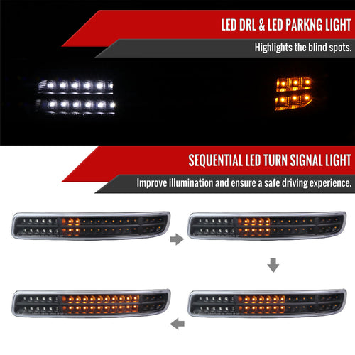 1999-2007 GMC Sierra/Yukon/Yukon XL Bumper Lights w/ Sequential Turn Signal Lights (Matte Black Housing/Clear Lens)