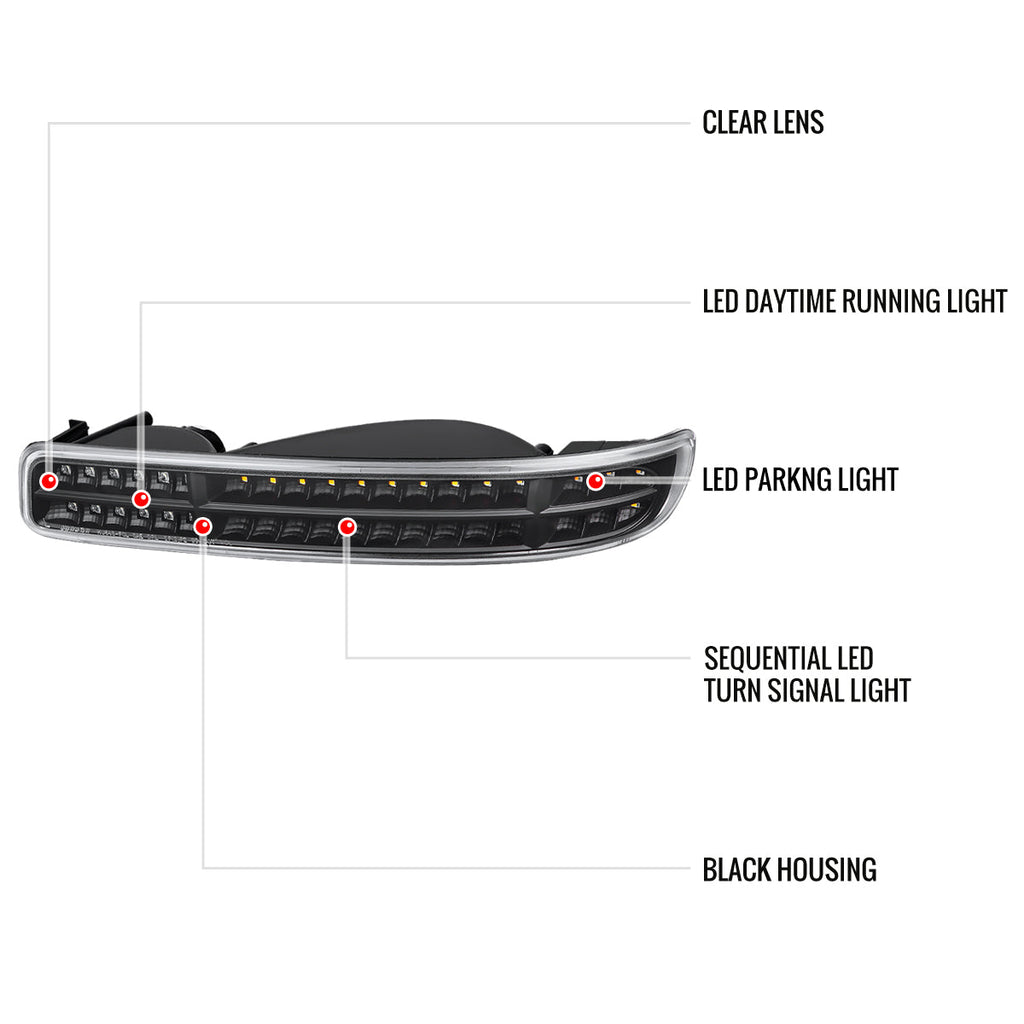 1999-2007 GMC Sierra/Yukon/Yukon XL Bumper Lights w/ Sequential Turn Signal Lights (Matte Black Housing/Clear Lens)
