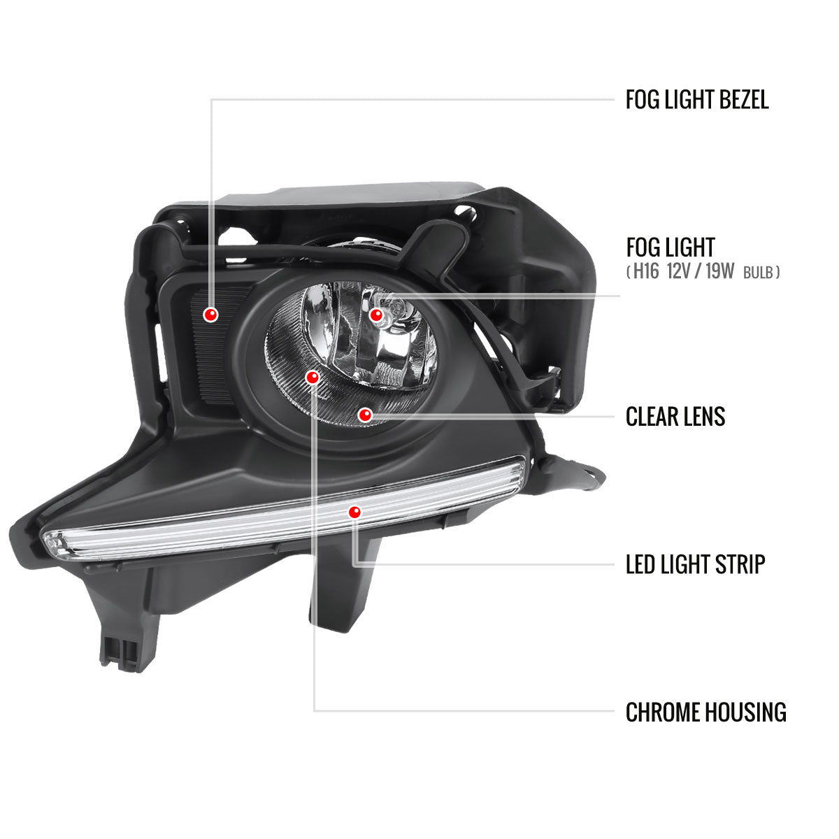 2014-2016 Toyota Highlander H16 Fog Lights Kit w/ LED Light Strip (Chrome Housing/Clear Lens)