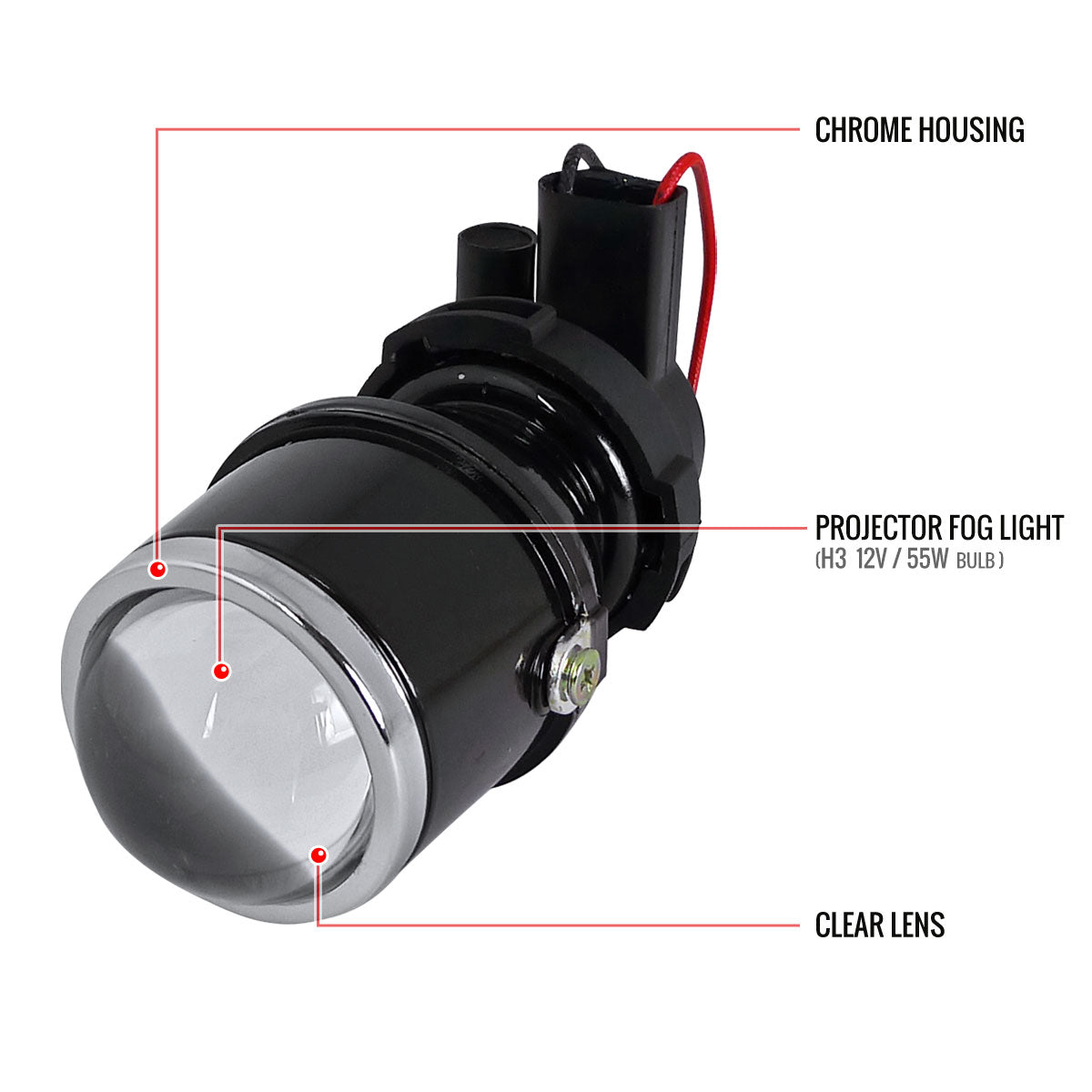 Universal 12V/55W H3 Projector Fog Lights Kit w/ Mounting Brackets (Black Metal Housing/Glass Lens)