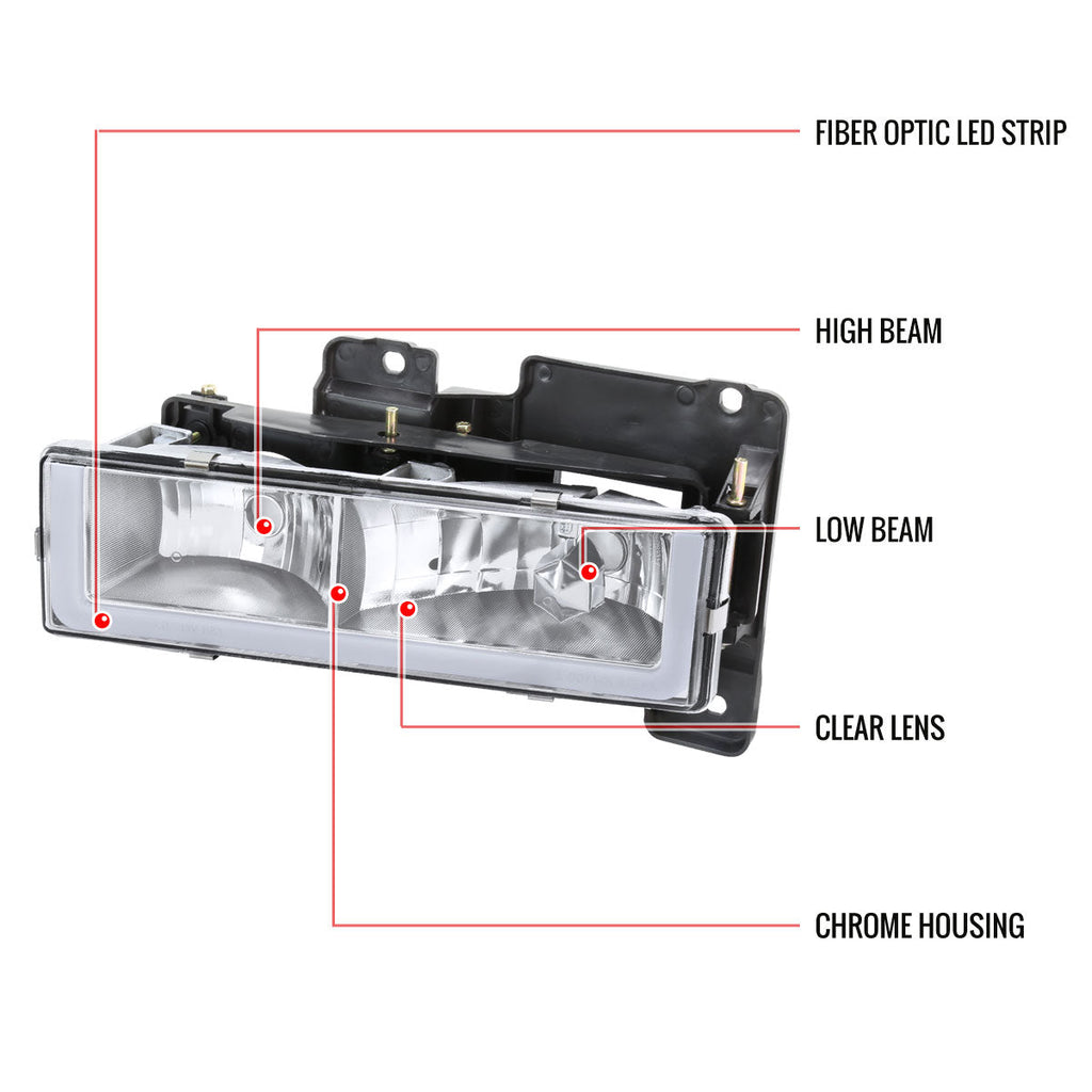 1988-1998 Chevrolet C/K C10/Tahoe/Suburban/Silverado GMC Sierra/Yukon/Suburban LED Bar Crystal Headlights (Chrome Housing/Clear Lens)
