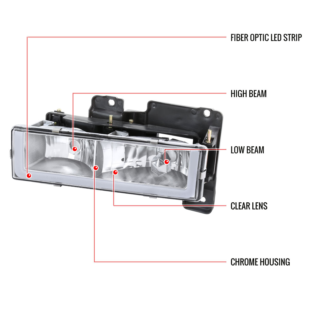 1988-1998 Chevrolet C/K C10/Tahoe/Suburban/Silverado GMC Sierra/Yukon/Suburban LED Bar Crystal Headlights (Chrome Housing/Clear Lens)