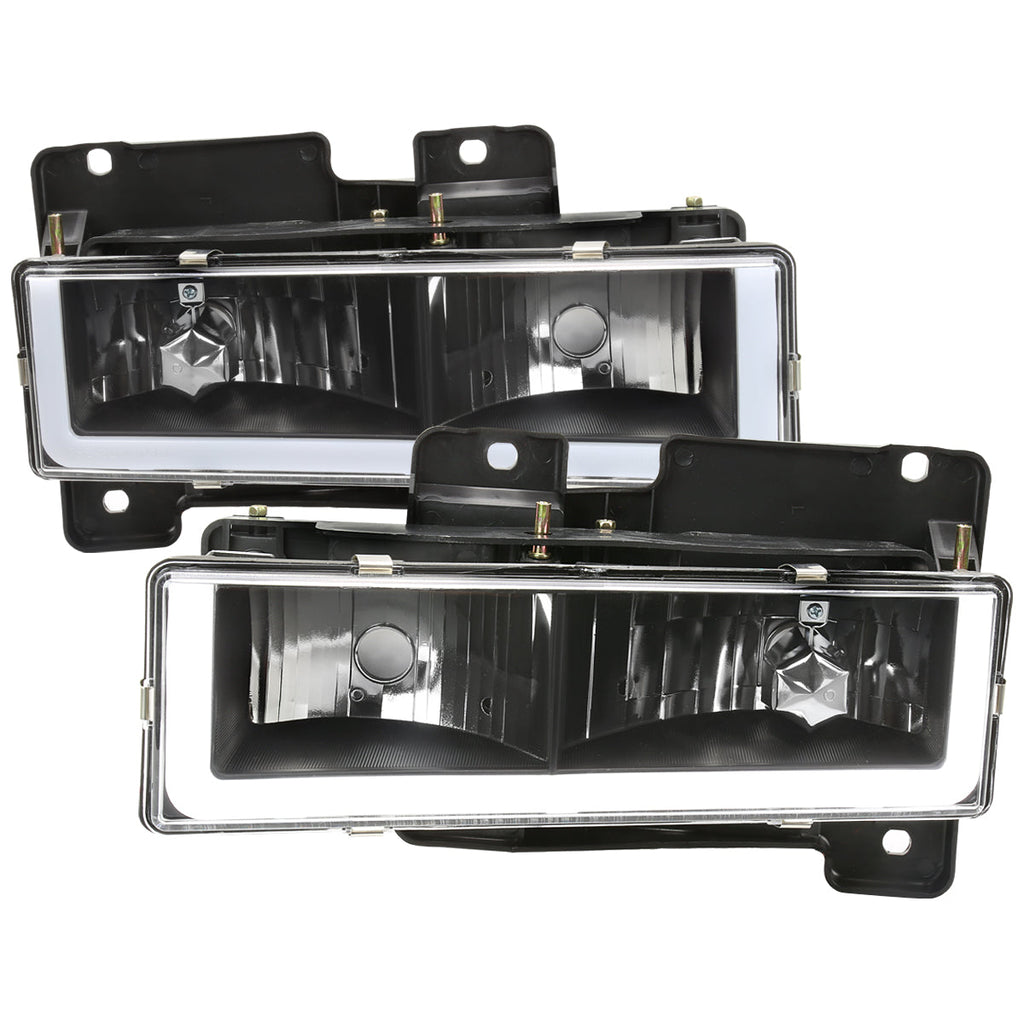 1988-1998 Chevrolet C/K C10/Tahoe/Suburban/Silverado GMC Sierra/Yukon/Suburban LED Bar Crystal Headlights (Matte Black Housing/Clear Lens)
