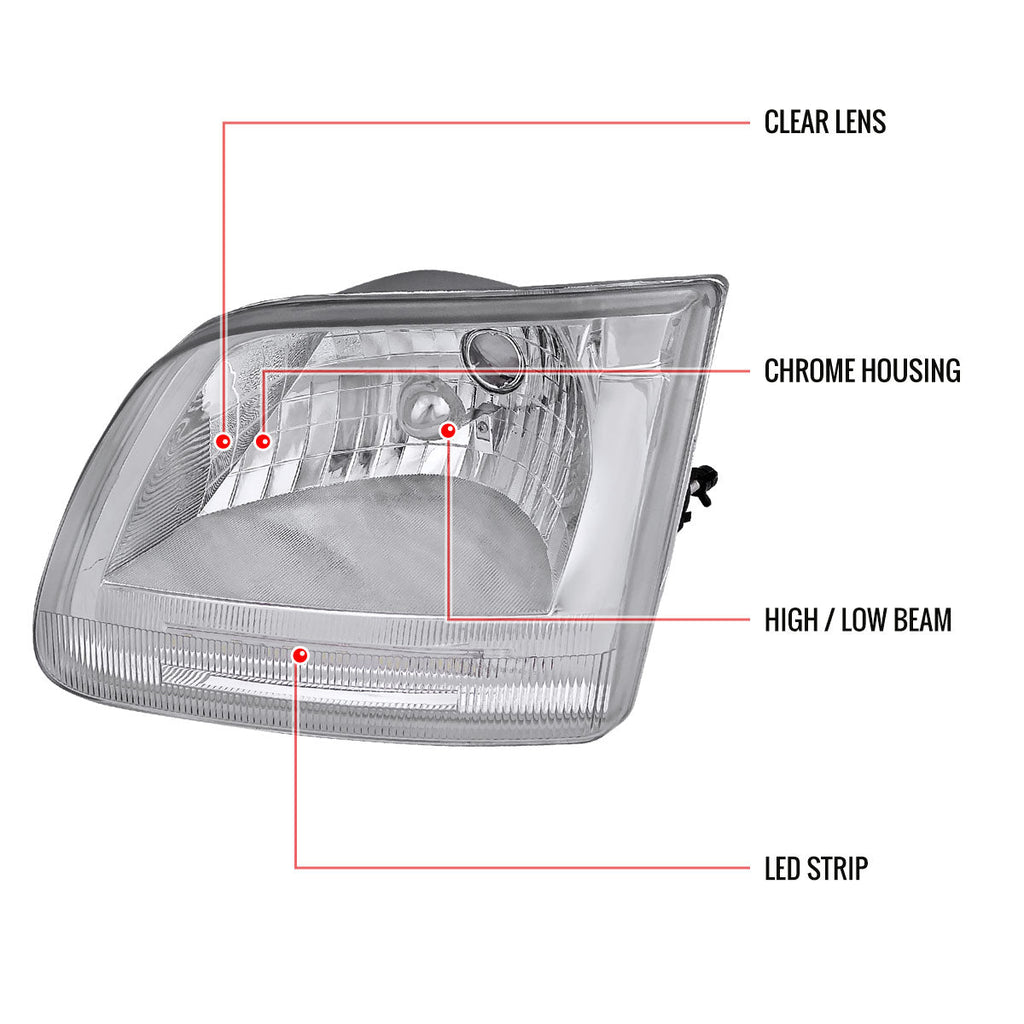 1997-2004 Ford F-150/Expedition Factory Style Headlights w/ SMD LED Light Strip (Chrome Housing/Clear Lens)
