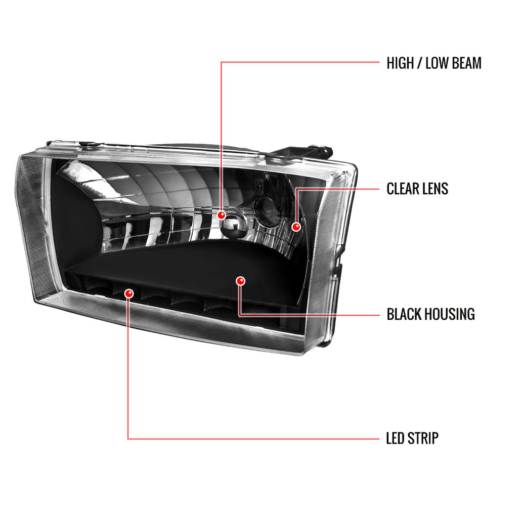 1999-2004 Ford F-250/F-350/F-450/F-550/Excursion Factory style Headlights w/ SMD LED Light Strip (Matte Black Housing/Clear Lens)