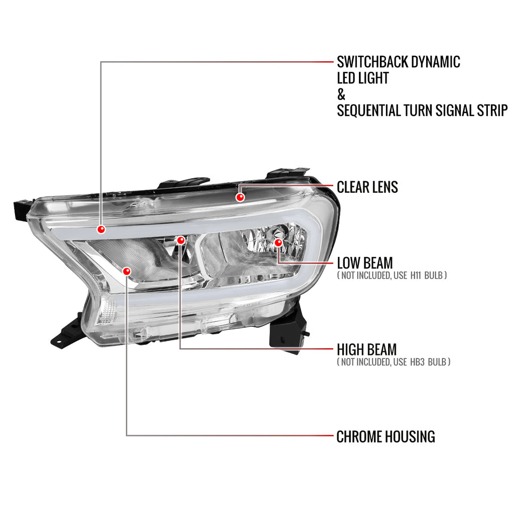 2019-2023 Ford Ranger XL XLT Factory Style Replacement Headlights with LED Bar Turn Signal (Chrome Housing / Clear Lens)