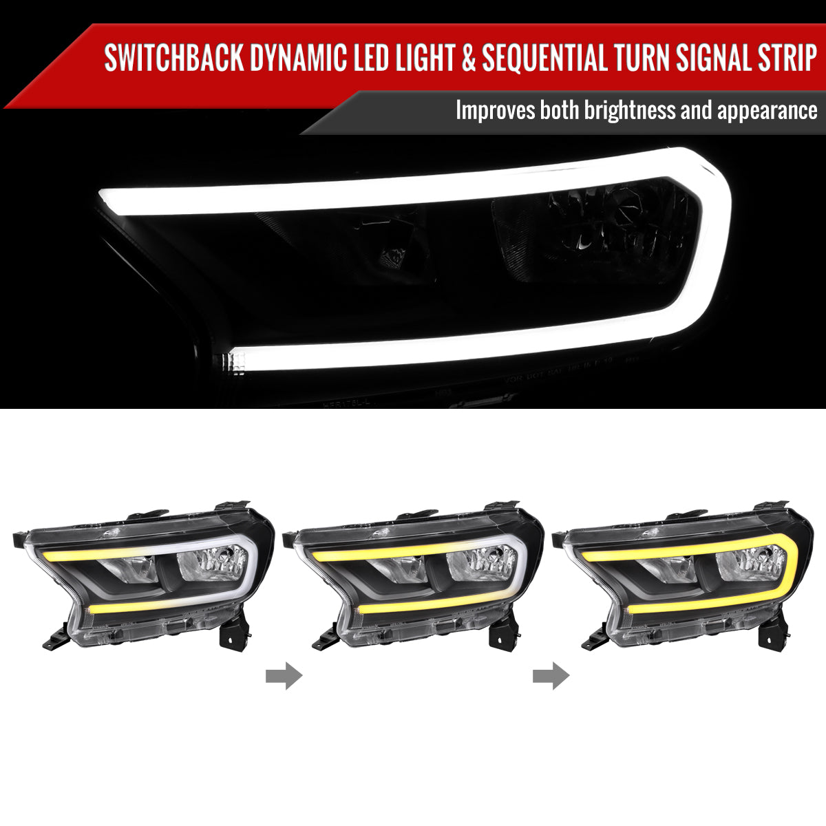 2019-2023 Ford Ranger XL XLT Factory Style Replacement Headlights with LED Bar Turn Signal (Matte Black Housing/Clear Lens)