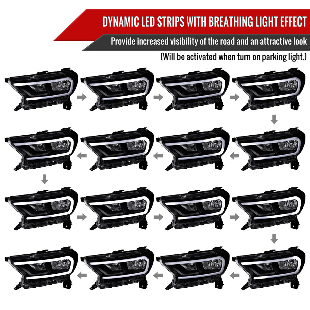 2019-2023 Ford Ranger XL XLT Factory Style Replacement Headlights with LED Bar Turn Signal (Matte Black Housing/Clear Lens)