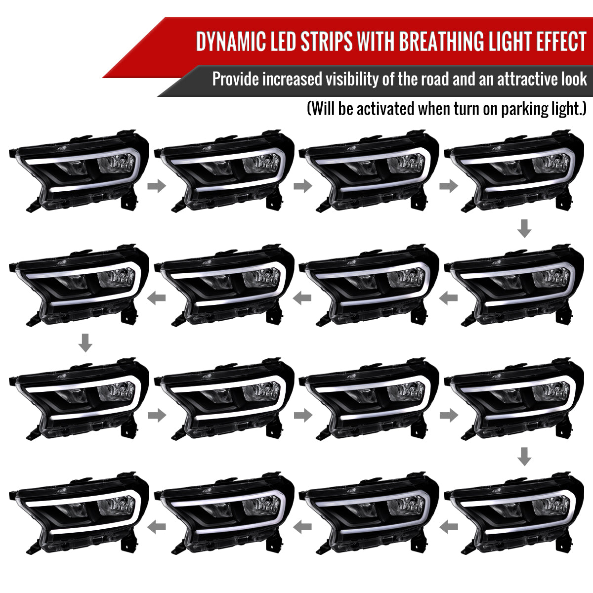 2019-2023 Ford Ranger XL XLT Factory Style Replacement Headlights with LED Bar Turn Signal (Matte Black Housing/Clear Lens)