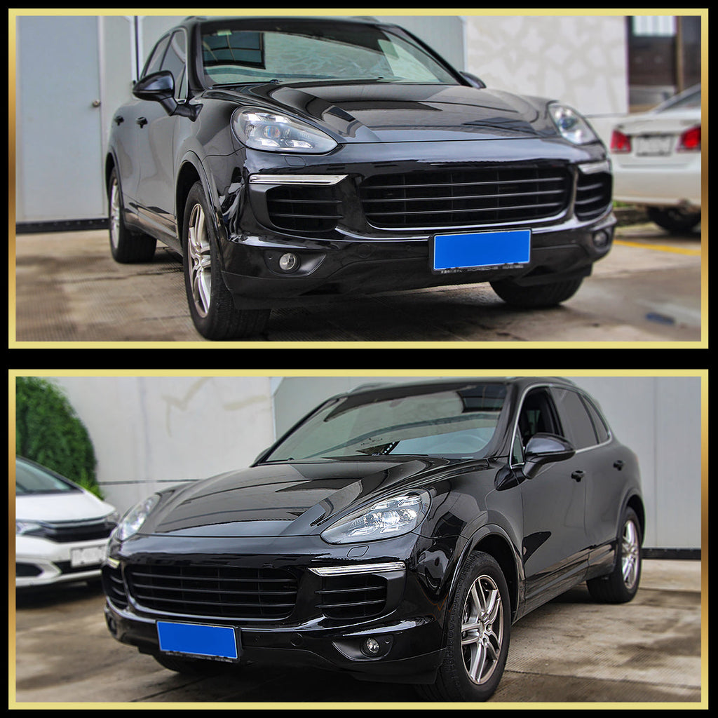 2015-2017 Porsche Cayenne 958.2 LED Projector Headlights w/ DRL for non-Dynamic Function  (Matte Black Housing / Glossy Black Accents / Clear Lens)