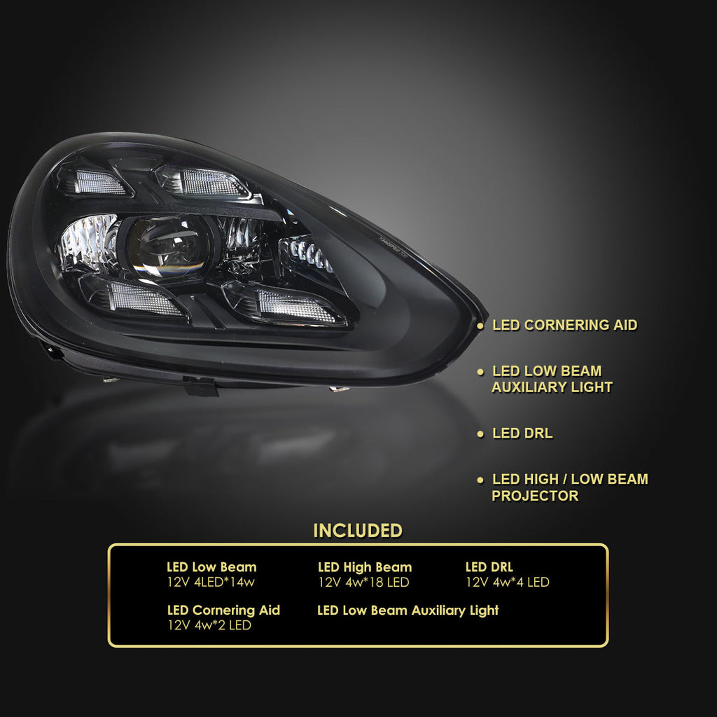 2015-2017 Porsche Cayenne 958.2 LED Projector Headlights w/ DRL for non-Dynamic Function  (Matte Black Housing / Glossy Black Accents / Clear Lens)