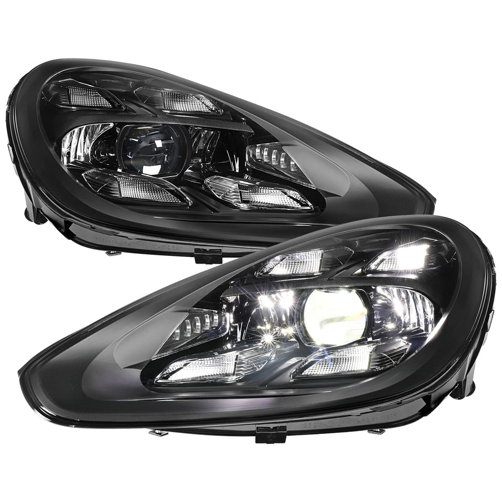 2015-2017 Porsche Cayenne 958.2 LED Projector Headlights w/ DRL for non-Dynamic Function  (Matte Black Housing / Glossy Black Accents / Clear Lens)