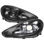 2015-2017 Porsche Cayenne 958.2 LED Projector Headlights w/ DRL for non-Dynamic Function  (Matte Black Housing / Glossy Black Accents / Clear Lens)