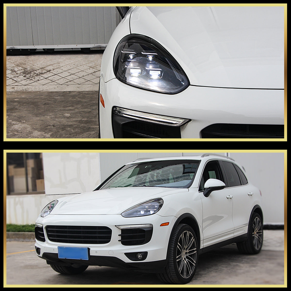 2015-2017 Porsche Cayenne 958.2 Matrix Style LED Projector Headlights w/ DRL for non-Dynamic Function  (Matte Black Housing / Glossy Black Accents / Clear Lens)