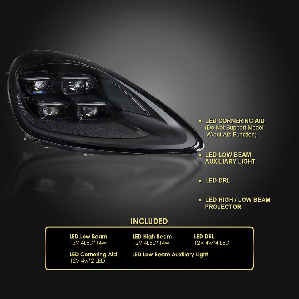 2018-2023 Porsche Cayenne Matrix Style LED Projector Headlights w/ DRL and for Dynamic Function  (Matte Black Housing / Glossy Black Accents / Clear Lens)