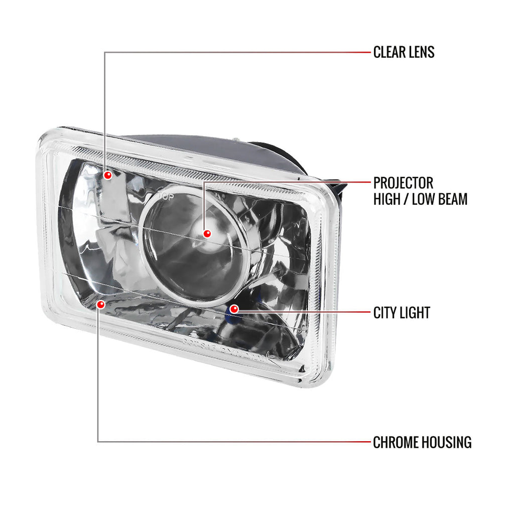 Universal 4"x6" H4 Projector Headlights (Chrome Housing/Glass Lens)